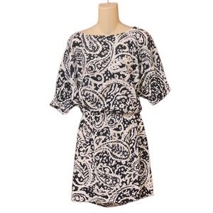 LOFT navy/white paisley blouson elbow puff sleeve dress elasticized waist 8 NWT